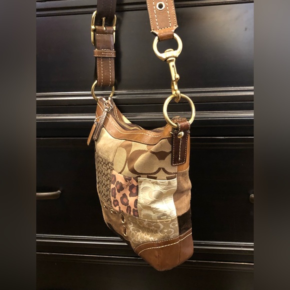 COACH Patchwork Top Zipper Crossbody Tote Shoulder Bag Brown Lining - Picture 15 of 17